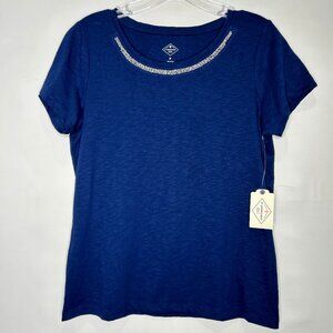 NWT St. John’s Bay Woman’s Top sz M Navy Blue Short Sleeves Embellished w/ Beads